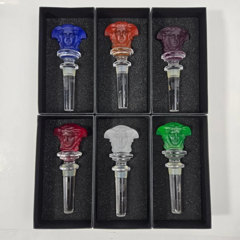Set of 6 Rosenthal Versace Medusa Crystal Wine Bottle Stoppers Full Rainbow NIB
